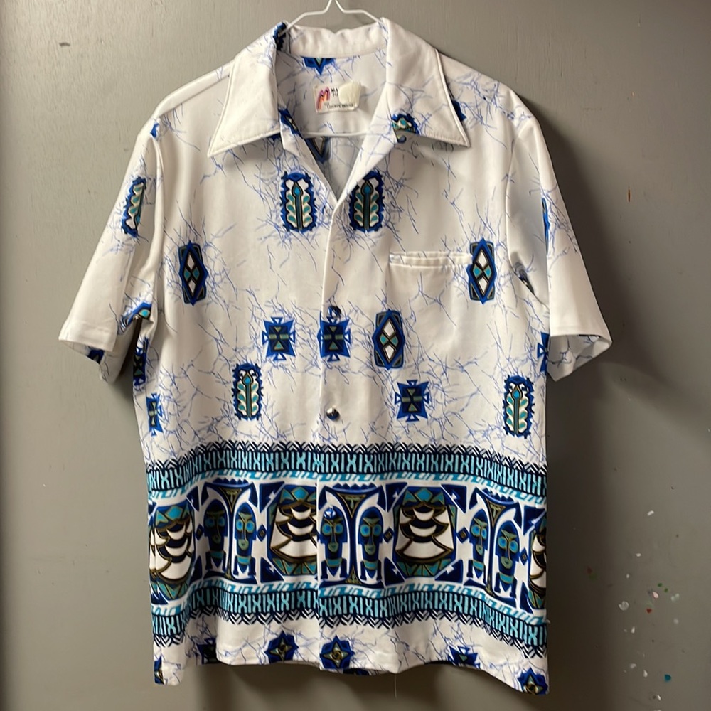 Vintage 70's Malihini Hawaii Poly Button Up Hawaiian Shirt size Medium